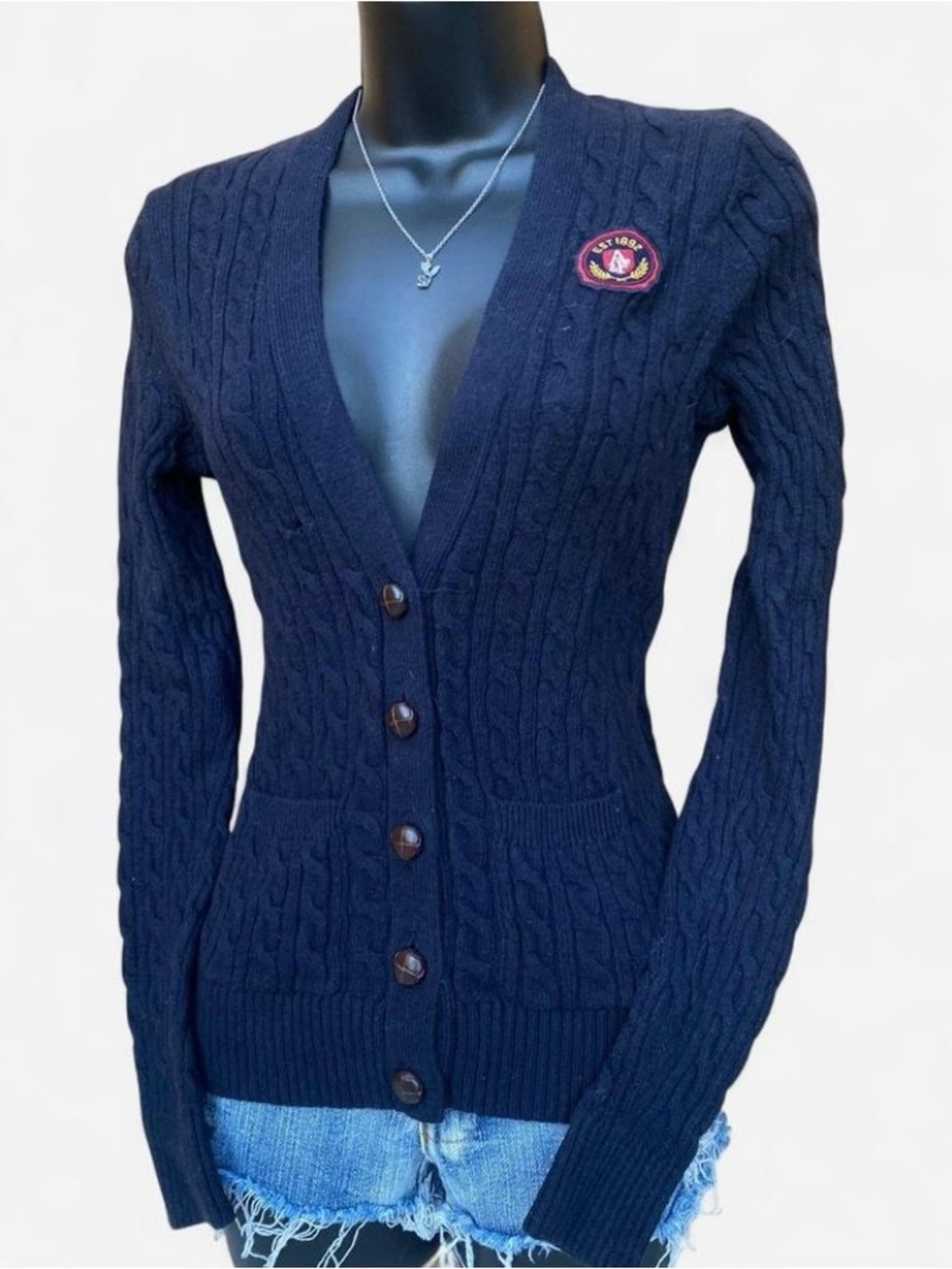 Vintage Y2k Abercrombie & Fitch Navy Blue Button Up Cable Knit Cardigan